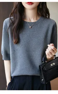 Maglia da donna a girocollo in cotone grigio, t-shirt in maglia a maniche corte