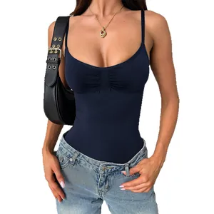 Sexy navy blue Y2K camisole bodysuit with ruched front detail for women summer