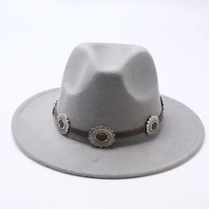 Gray felt fedora jazz hat featuring a brown leather band with decorative metal studs