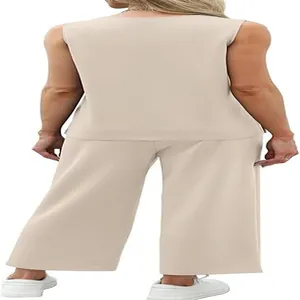 Detailed back view of women's beige sleeveless top and wide-leg trousers summer travel set
