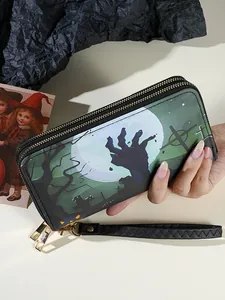 Halloween Personalized Long Wallet For Women PU Leather Double Zipper Clutch Bag Zombie Skull Rose Print Trendy Purse Wristlet