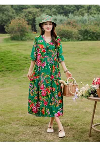 Elegant green floral cotton silk midi dress with mid-sleeves for summer beach lifestyle