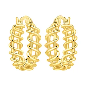 Close-up view of 18K gold plated hoop earrings with intricate woven wire design