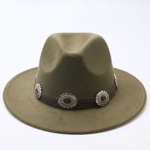 Classic vintage olive green felt fedora hat featuring decorative floral studs on band
