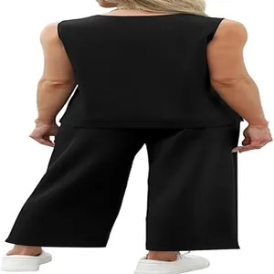 Back view of women's black summer travel set with V-neck vest and wide-leg pants