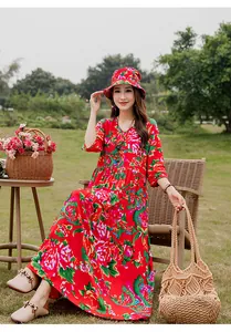 Elegant red floral cotton silk dress set with matching hat for summer beach wear