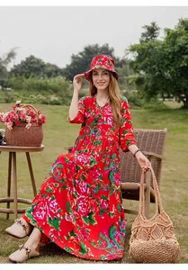 Elegant red floral cotton silk dress set with matching hat for summer beach wear