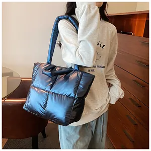 Fashionable metallic blue puffer tote bag with large capacity for autumn and winter