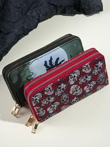 Halloween and skull rose printed long wallets with double zippers for women