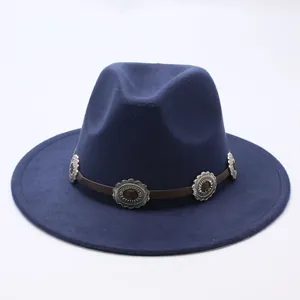 Classic navy blue vintage felt fedora hat featuring a decorative metal concho band