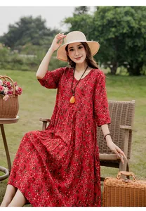 Elegant red floral cotton silk maxi dress with middle sleeves for casual summer beach