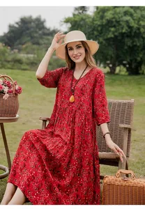 Elegant red floral cotton silk maxi dress with middle sleeves for casual summer beach