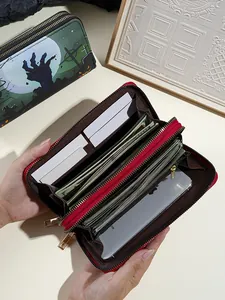 Halloween zombie hand print long wallet with double zipper and multi-functional storage