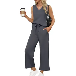 Women's summer two-piece travel set with V-neck tank top and wide-leg casual pants