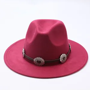 Classic vintage magenta felt fedora hat with concho leather band for men and women