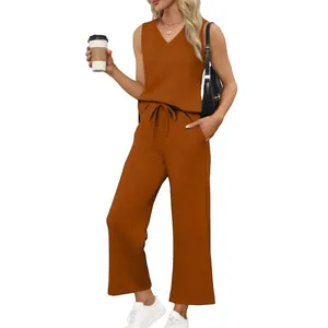 Stylish womens V-neck tank top and wide-leg lounge pants travel set in burnt orange