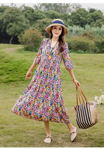 Elegant floral print midi dress for women with half sleeves for summer beach wear.