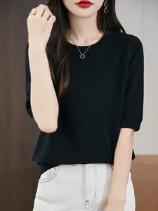 Elegante t-shirt in maglia di cotone nero a maniche corte da donna con girocollo