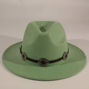 Vintage green felt fedora hat with decorative metal buckle band for men and women.