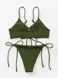 Close-up of olive green ribbed bikini set with adjustable straps and side ties