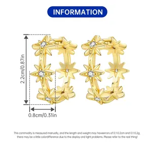 Detailed dimensions of 18K gold plated eight-pointed star hoop earrings with stones