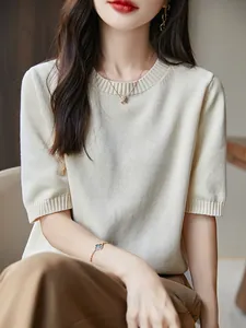 T-shirt lavorata a maglia da donna minimalista in 100% cotone con girocollo bianco crema