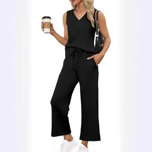 Women's black summer travel set with V-neck sleeveless top and casual wide-leg pants