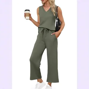 Women's summer travel two-piece set with V-neck tank top and casual wide-leg pants