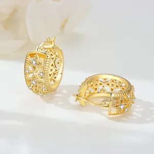 Elegant 18K gold plated hoop earrings with iris floral pattern and sparkling stones