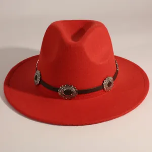 Red retro felt fedora featuring silver decorative metal conchos on a dark band detail