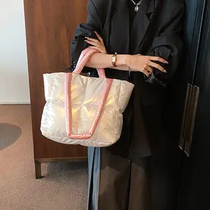 Stylish large capacity quilted puffer tote bag for women in silver and pink design