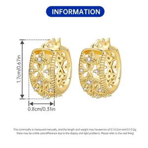 18K gold plated hoop earrings with fleur-de-lis motif and measurement details