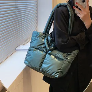 Stylish large capacity metallic green quilted puffer tote bag for autumn and winter