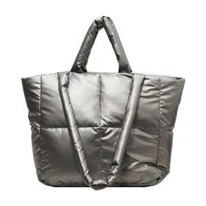 Large capacity metallic silver padded down tote bag with top handle and shoulder straps