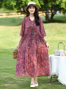 Women Floral Print Viscose Dress Elegant Middle Sleeve V-Neck Loose Beach Maxi Dress Casual Summer Vacation Clothing