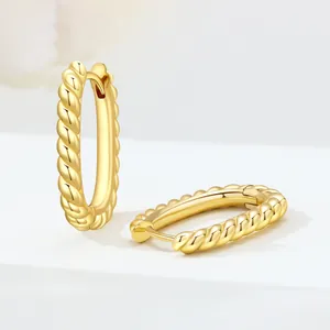 Detailed view of elegant 18K gold plated twisted rope oval hoop earrings for women