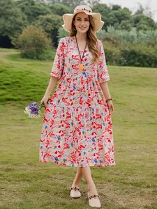 Elegant summer floral cotton midi dress with puff sleeves for leisure beach wear