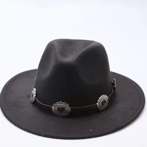 Vintage Wide Flat Brim Fedora Hat For Women Men Felt Jazz Hat With Metal Conchos Leather Band Church Party Fashion Cap