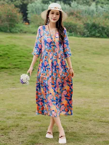 Elegant cotton-silk floral summer dress with midi sleeves for casual beach lifestyle