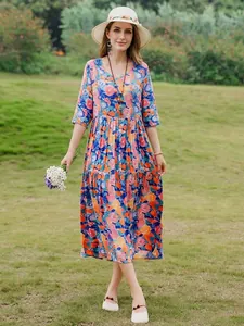 Elegant cotton-silk floral summer dress with midi sleeves for casual beach lifestyle