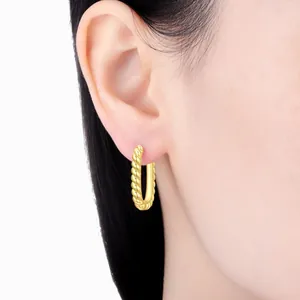Detailed close-up view of elegant 18K gold-plated twisted rope hoop earrings on an Asian model ear