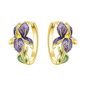 Elegant 18K gold plated hoop earrings with purple iris flower enamel detail.