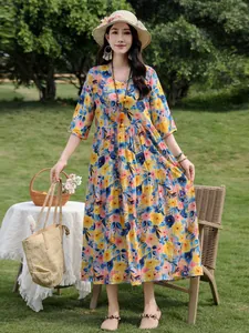 Elegant summer floral print cotton silk dress with 3/4 sleeves and a V-neckline