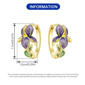 Detail view showing 1.7cm size of 18K gold plated purple iris flower hoop earrings.