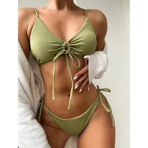 Sexy olive green ribbed drawstring bikini set featuring tie side triangle bottoms