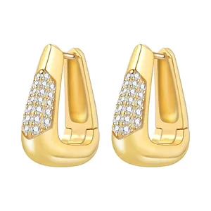 Luxury 18K gold plated U-shaped hoop earrings with brilliant pavé crystal stones