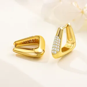 Elegant 18K gold-plated geometric triangular earrings with clear pave stones detail.