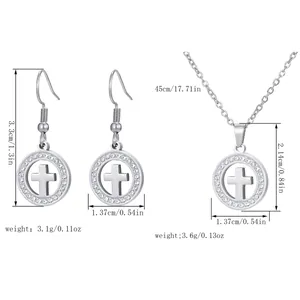 Detailed dimensions of stainless steel cross necklace and earring set with rhinestones