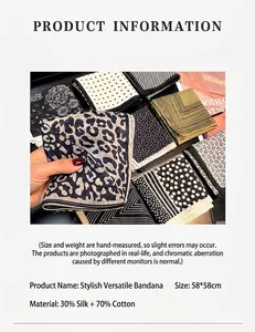 Detailed view of printed silk cotton blend square scarves in 58x58cm size, product info