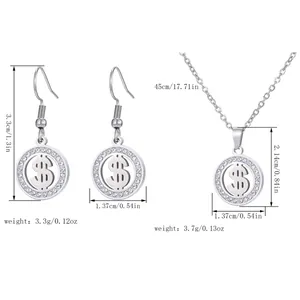 Detail view of stainless steel dollar sign earrings and necklace with dimensions.